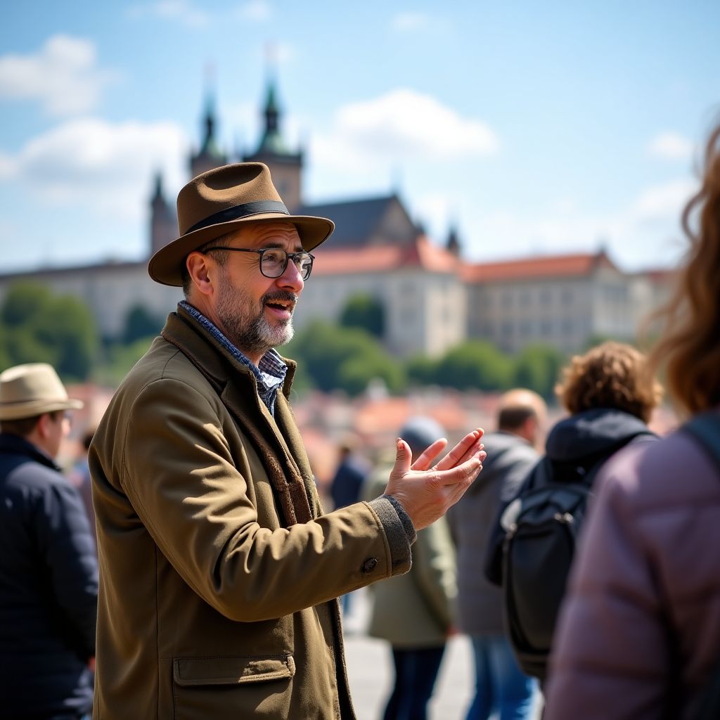 Průvodce vysvětlující historii Pražského hradu skupině turistů