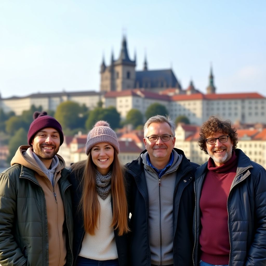 Tým České Cesty stojící před Pražským hradem